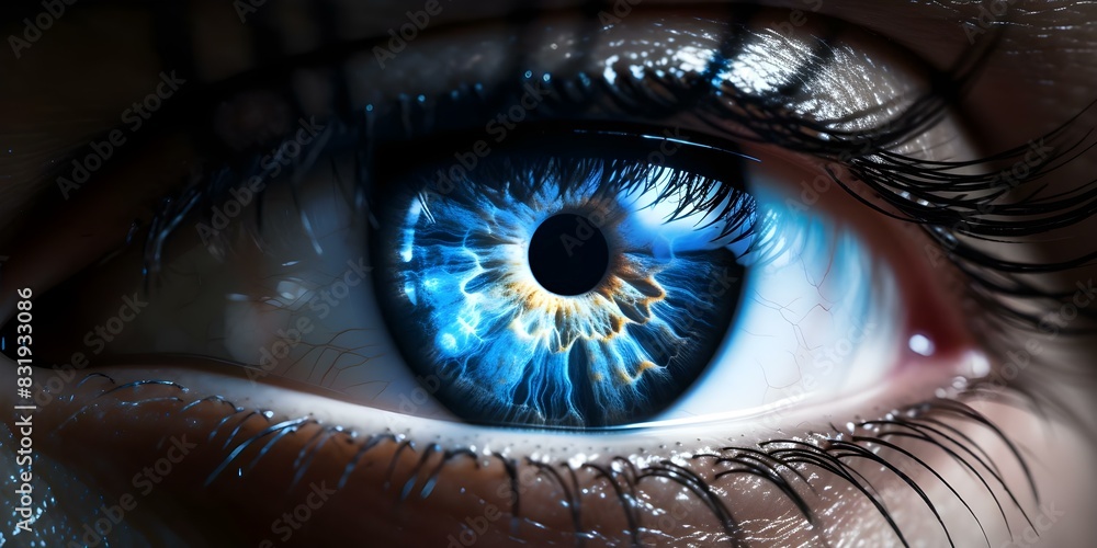 Poster symbolizing cybersecurity threat detection and prevention through digital eye scanning network. conc