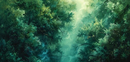 Obraz premium Serene forest landscape with sunlight filtering through lush green trees, creating a tranquil and peaceful atmosphere.