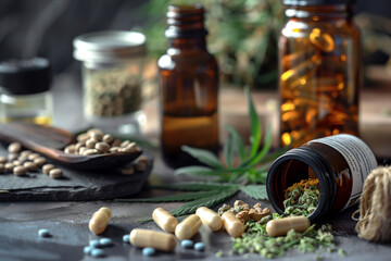 A bottle of medicine is on a table with other pills. The bottle is brown and has a black cap