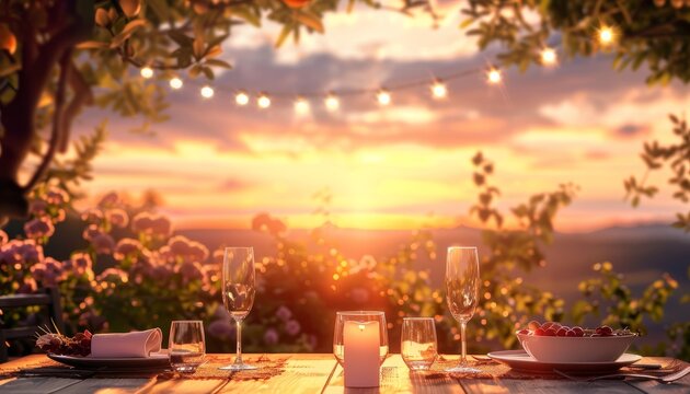 An outdoor vineyard dinner setting with wine glasses and a sunset backdrop, perfect for romantic or culinary-themed visual content