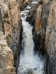 A grand waterfall cascades down a rocky mountainside, its rushing waters carving a path through the rugged terrain. Generative AI