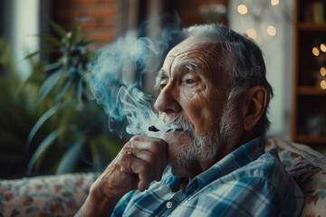 Fototapeta premium A man is smoking a cannabis cigarette while sitting on a chair. The room has a potted plant and a vase