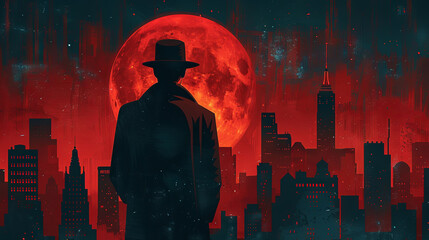 illustration of back view detective man on the city background on the sunset