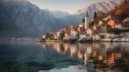Scenic coastal village with colorful houses and church tower nestled against majestic snow capped mountains reflecting on tranquil water during sunset. - Powered by Adobe
