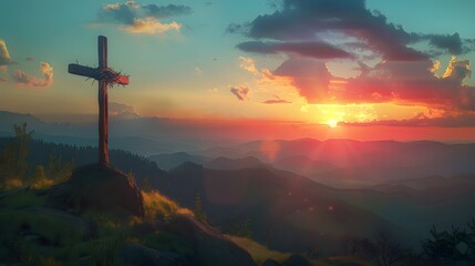Obraz premium Crucifixion Of Jesus Christ - Cross At Sunset