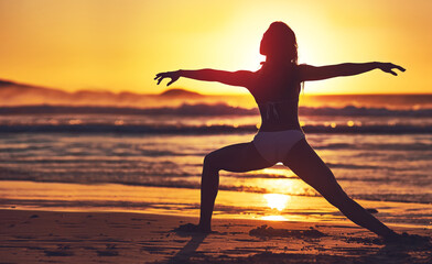 Woman, sunset and yoga silhouette on beach, fitness and pilates for energy or relax in nature....