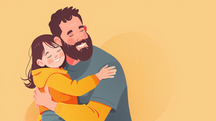 A heartwarming Father's Day illustration of a father and child in a joyful embrace, isolated on a clean mockup background, with ample space for text.