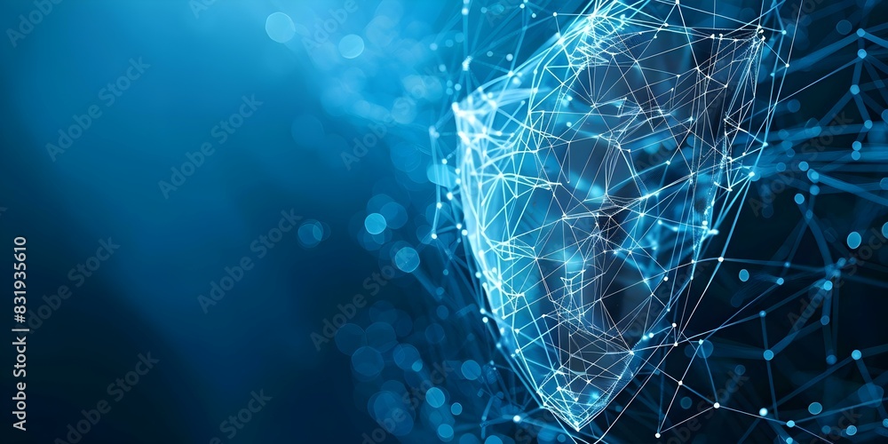 Poster abstract wireframe shield symbolizing cybersecurity and data protection technology. concept cybersec