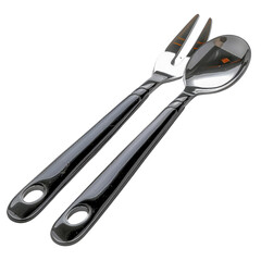 Obraz premium Close-up of shiny stainless steel kitchen utensils, including a fork and spoon for cooking or serving food, isolated on a white background.