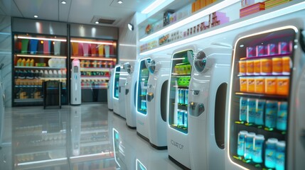 Futuristic technology of robotic customer service at all stores, cosmetics, supermarkets, pharmacy, and etc, AI generated for ads