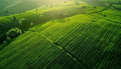 An aerial view of a green tea plantation, showing the lush fields from above, ideal for agricultural or environmental presentations
