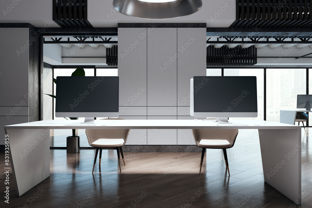 Poster contemporary coworking office with mock up computer monitor, equipment, furniture, various other obj