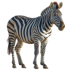 Obraz premium Close-up view of a standing zebra with detailed black and white stripes, isolated on a transparent background.