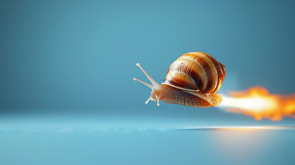 Snail flying fast with rocket shell, blue background