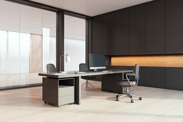 Modern coworking office with equipment, furniture, various other objects and daylight. 3D Rendering.
