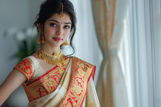 indian woman in traditional saree and jewelry