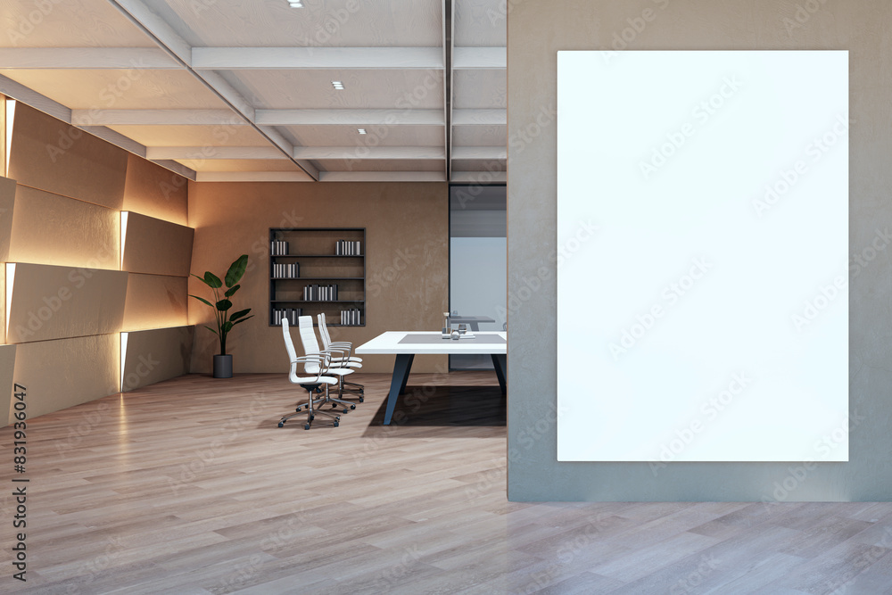 Poster modern bright conference room interior with empty white mock up poster. 3d rendering.