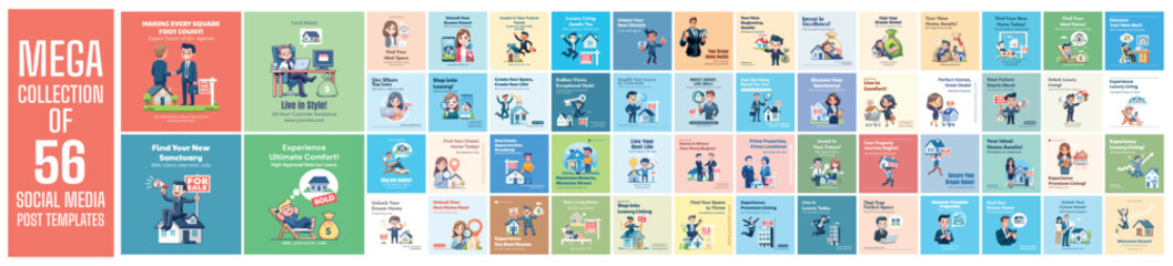 Mega collection of 56 social media post design template. Used for property agent advertising