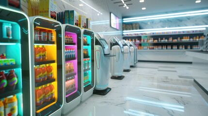 Futuristic technology of robotic customer service at all stores, cosmetics, supermarkets, pharmacy, and etc, AI generated for ads