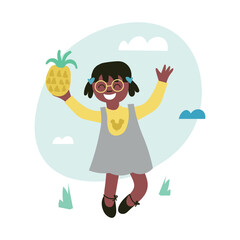 Happy children day. A happy kid playing outside. Afro girl holds a pineapple fruit in her hand. Colorful hand drawn vector illustrations for social media post, banner design, postcards