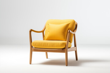 A stylish yellow armchair with a comfortable cushion on a white background