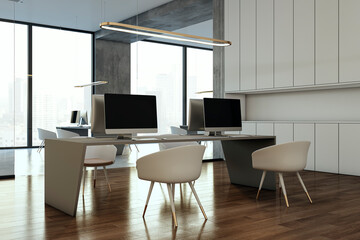 Contemporary spacious coworking office interior with window and city view, equipment, furniture, various other objects and daylight. 3D Rendering.