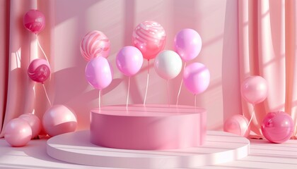 A soft pink podium with balloons, creating a pastel-themed setting for birthday or mother's day celebrations, emphasizing joy and festivity.