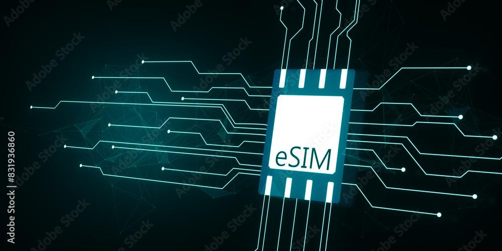Poster esim chip card icon with circuit on dark wallpaper. embedded sim card cellular mobile technology sma