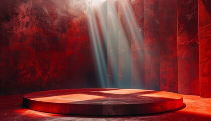 An empty red podium with dramatic lighting, ideal for spotlighting products in a showroom with an abstract and modern design