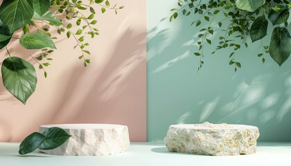 Two variations of a stone podium for cosmetic presentations, one set against a pastel background and the other surrounded by green leaves, emphasizing natural beauty