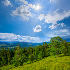 wide green mountain valley under a sparkle sun