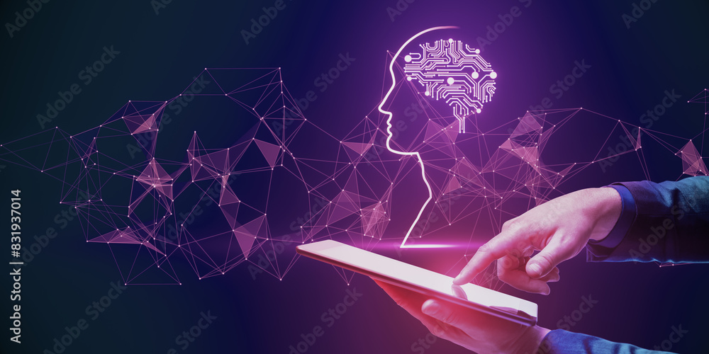 Poster close up of businessman hand pointing at cellphone with polygonal head outline with brain on purple 