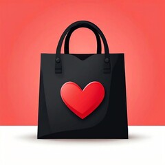 Black shopping bay with red small heart icon on copy space red and white background/ Empty paper bags for shopping and fashion 