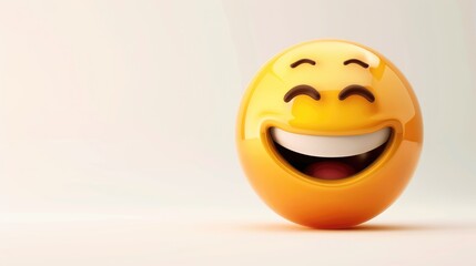Smiling emoji and text on a white backdrop Happiness and cartoon face