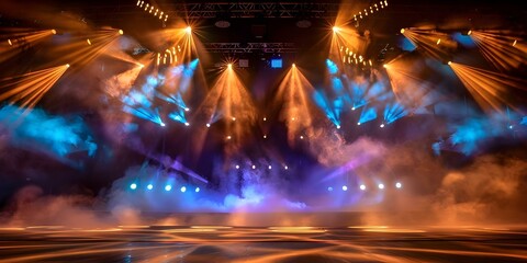 Empty stage with blue and purple spotlight smoke and stage lights. Concept Stage Setup, Blue Spotlight, Purple Smoke, Stage Lights