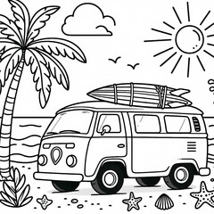 Beach Van with Surfboard Coloring Page for Kids