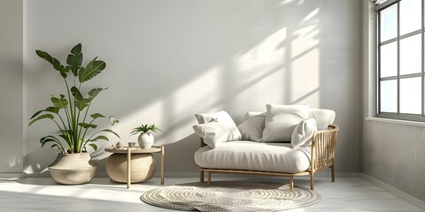 Minimalist Home Interior Design with Cozy Pillows and Armchair. Concept Minimalist Design, Cozy Pillows, Armchair, Home Decor