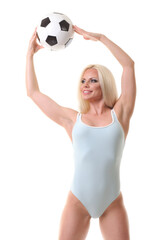 woman wearing swim suit and holding soccer ball
