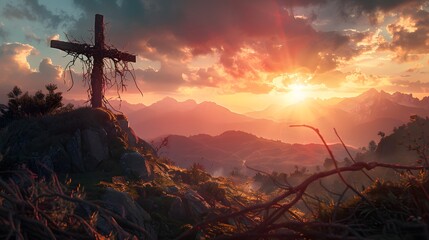 Obraz premium Crucifixion Of Jesus Christ - Cross At Sunset