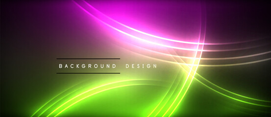 Obraz premium Neon glowing circle rays, light round lines in the dark, planet style neon wave lines. Energetic electric concept design for wallpaper, banner, background