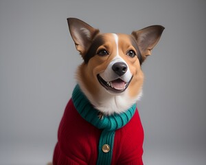 Fashion photography portrait of a smiling dog in a stylish winter outfit