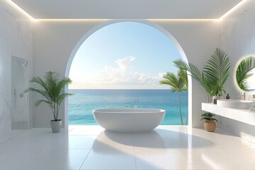 Fototapeta premium Luxurious bathroom with a white freestanding bathtub, ocean view, and tropical plants, creating a serene and tropical retreat