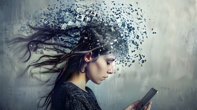 powerful visual metaphor of social media addiction, with a young woman's head bursting open from the pressure of excessive information.information illustrated by a young woman's brain exploding .