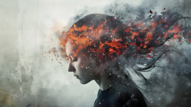 powerful visual metaphor of social media addiction, with a young woman's head bursting open from the pressure of excessive information.information illustrated by a young woman's brain exploding .