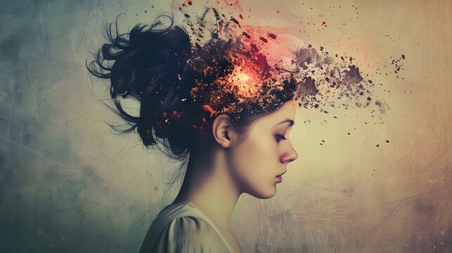 powerful visual metaphor of social media addiction, with a young woman's head bursting open from the pressure of excessive information.information illustrated by a young woman's brain exploding .