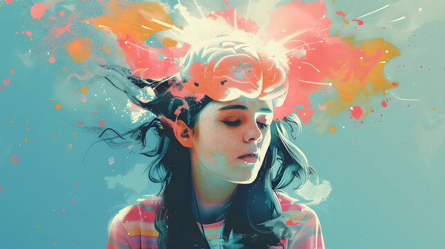 powerful visual metaphor of social media addiction, with a young woman's head bursting open from the pressure of excessive information.information illustrated by a young woman's brain exploding .
