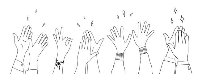 Doodle sketch hands up gestures comic icons silhouettes vector set. Group of line art fun comic hands in the air. Voting or happy congratulation audience recognition symbols.