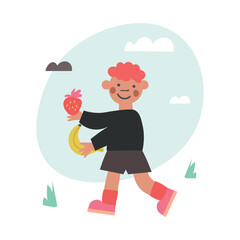 children day. A happy kid playing outside. The boy is holding fruit in his hands: banana and strawberry. Colorful hand drawn vector illustrations for social media post, banner design, postcards