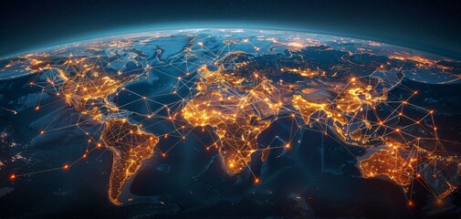 Global network concept showing interconnected cities illuminated at night, symbolizing international communication and internet connectivity.