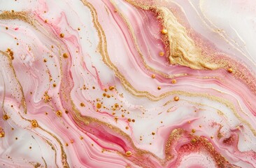A white background with pink and gold glitter swirls in the center, featuring an abstract pattern of marble and liquid textures.